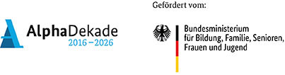 Logo Alpha Dekade; Logo Bundesministerium für Bildung, Familie, Senioren, Frauen und Jugend
